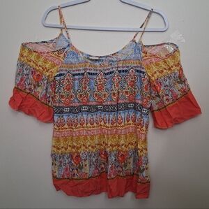 Pink Owl Bohemian Cold Shoulder Blouse Large Multicolor Flares Sleeves